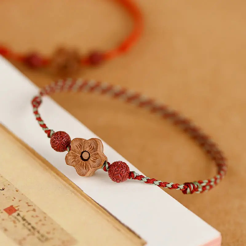 Buddha Stones Peach Wood Small Peach Blossom Cinnabar Wealth String Bracelet Anklet BS