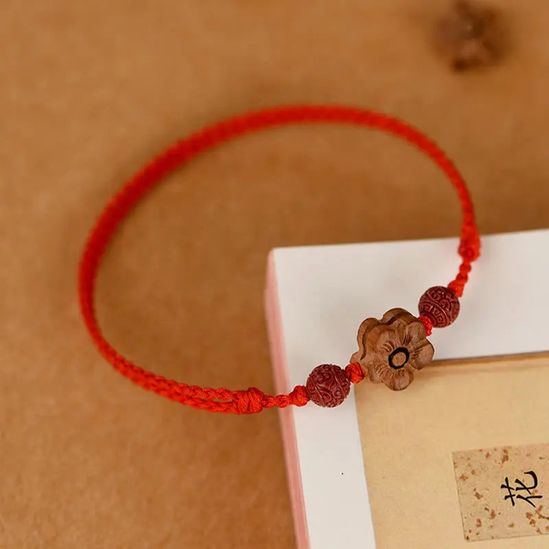 Buddha Stones Peach Wood Small Peach Blossom Cinnabar Wealth String Bracelet Anklet BS