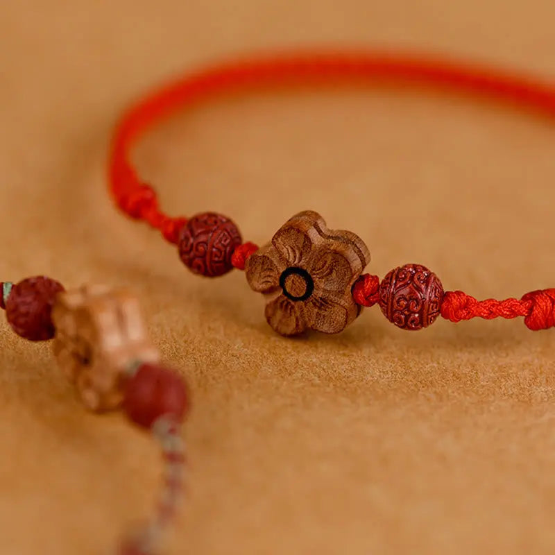 Buddha Stones Peach Wood Small Peach Blossom Cinnabar Wealth String Bracelet Anklet BS