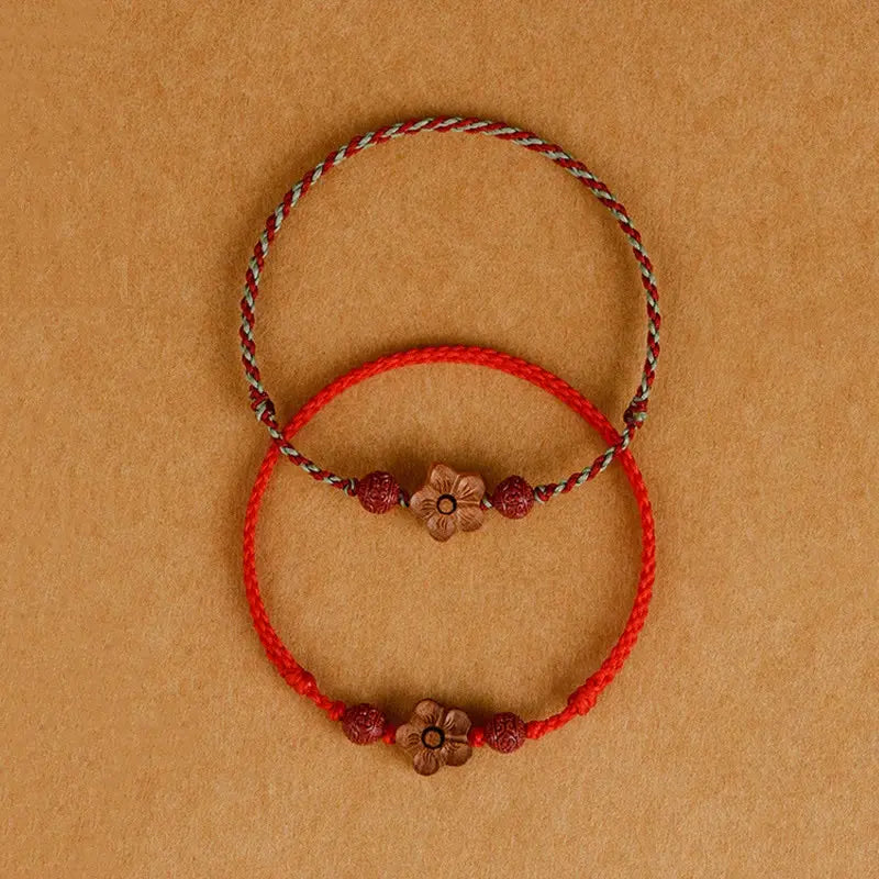 Buddha Stones Peach Wood Small Peach Blossom Cinnabar Wealth String Bracelet Anklet BS