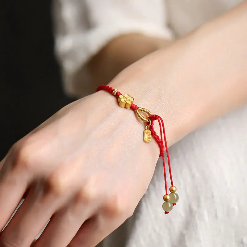 Fortune Prosperity Hetian Jade Small Peach Blossom Fu Character Charm String Bracelet Starymagic