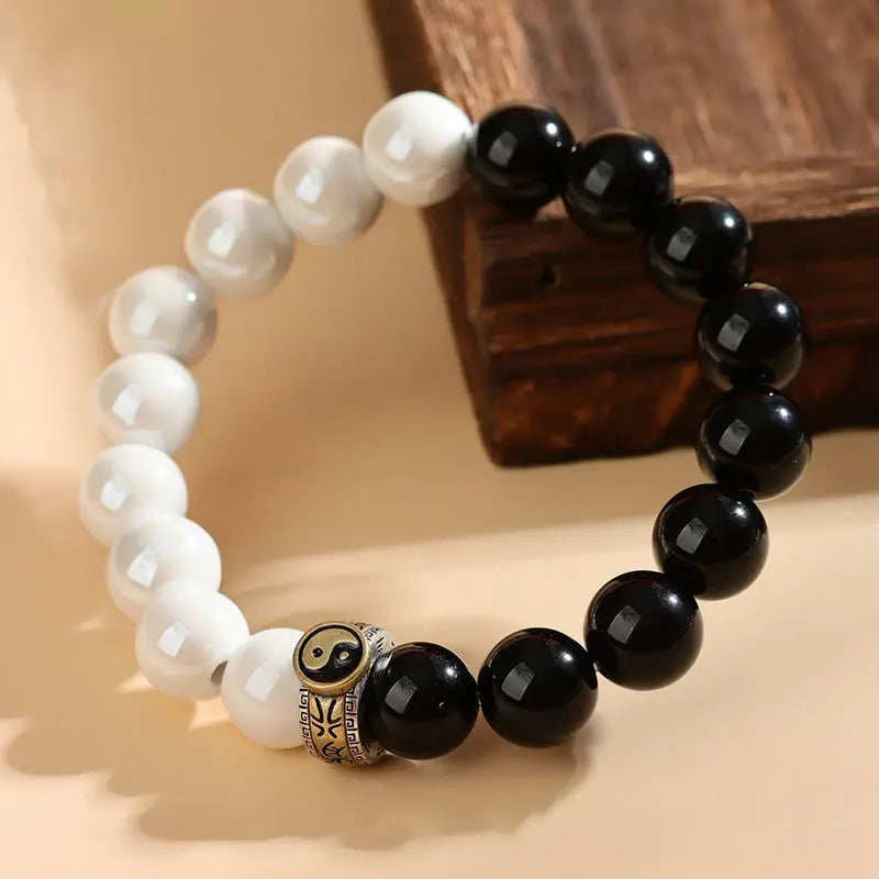 Buddha Stones Black Obsidian White Porcelain Beads Yin Yang Fulfilment Bracelet BS