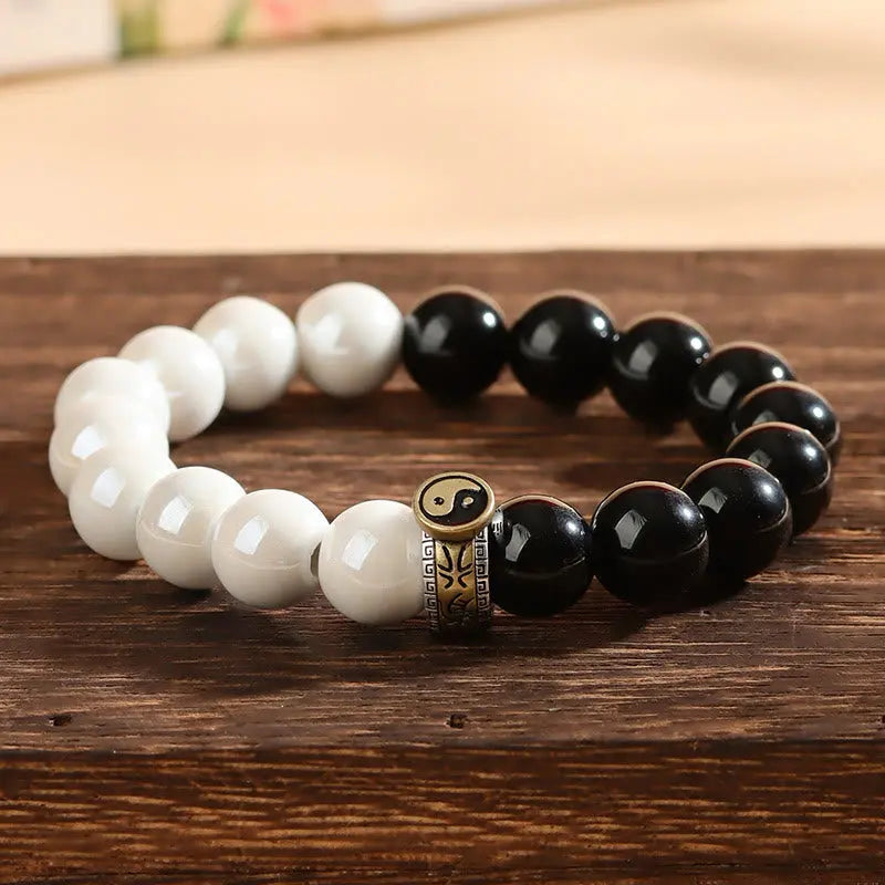 Buddha Stones Black Obsidian White Porcelain Beads Yin Yang Fulfilment Bracelet BS