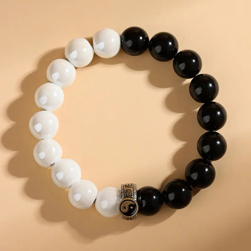 Buddha Stones Black Obsidian White Porcelain Beads Yin Yang Fulfilment Bracelet BS