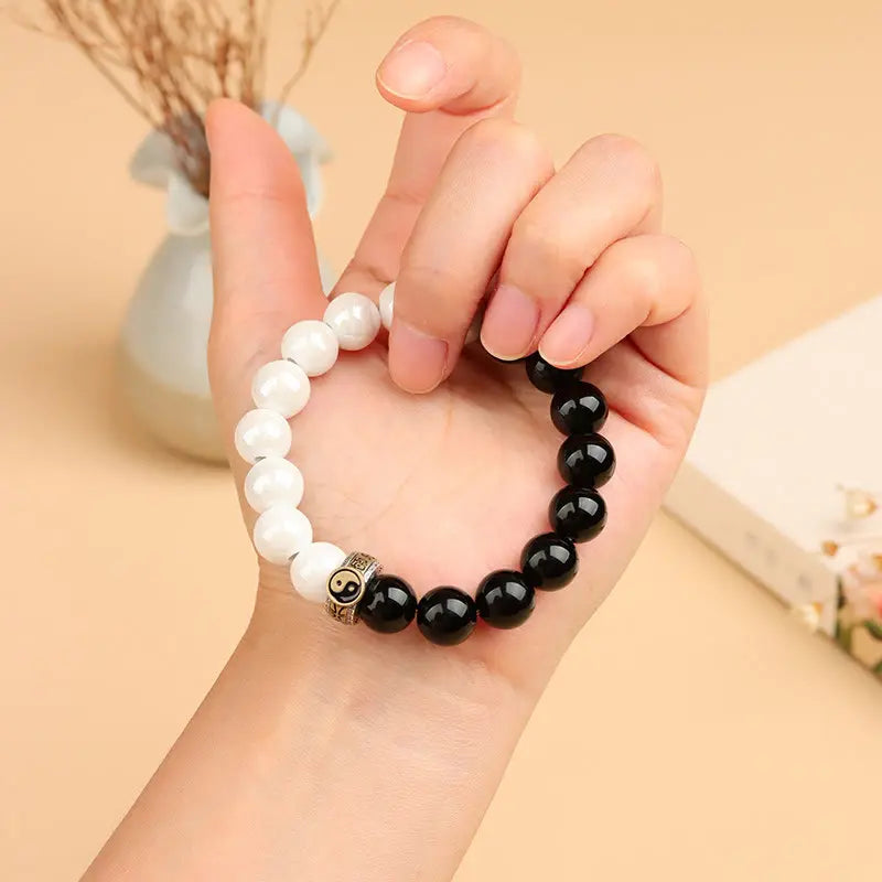 Buddha Stones Black Obsidian White Porcelain Beads Yin Yang Fulfilment Bracelet BS