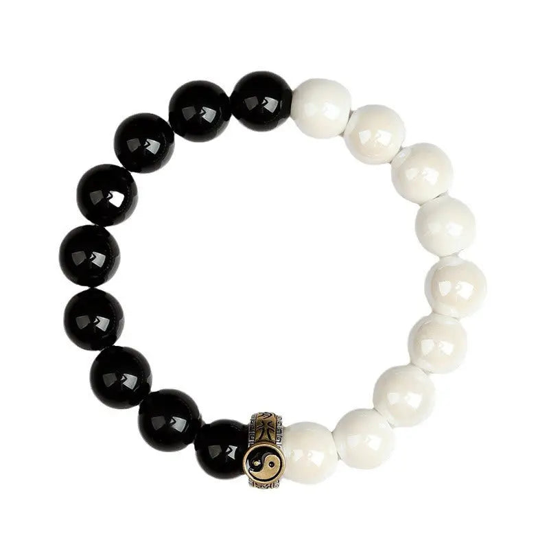 Buddha Stones Black Obsidian White Porcelain Beads Yin Yang Fulfilment Bracelet BS