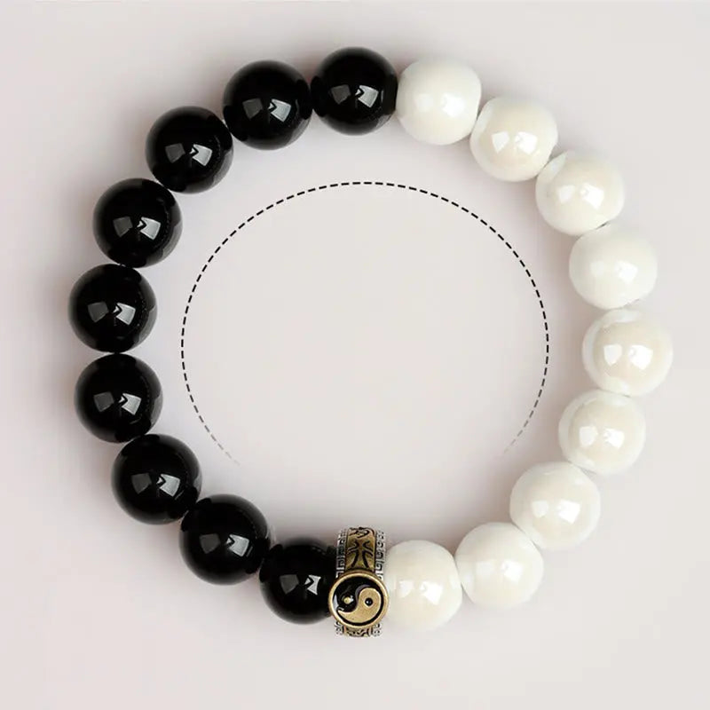 Buddha Stones Black Obsidian White Porcelain Beads Yin Yang Fulfilment Bracelet BS