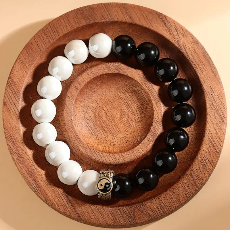 Buddha Stones Black Obsidian White Porcelain Beads Yin Yang Fulfilment Bracelet BS