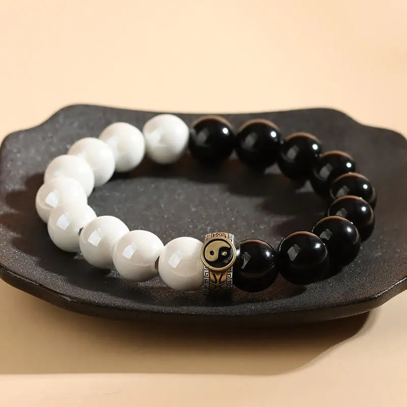 Buddha Stones Black Obsidian White Porcelain Beads Yin Yang Fulfilment Bracelet BS