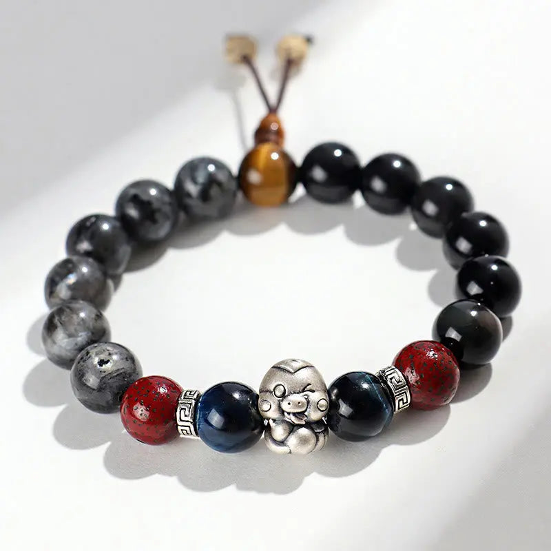 Buddha Stones Black Glitter Stone Black Onyx 999 Sterling Silver Fu Character Copper Coin Year Of Snake Protection Bracelet BS