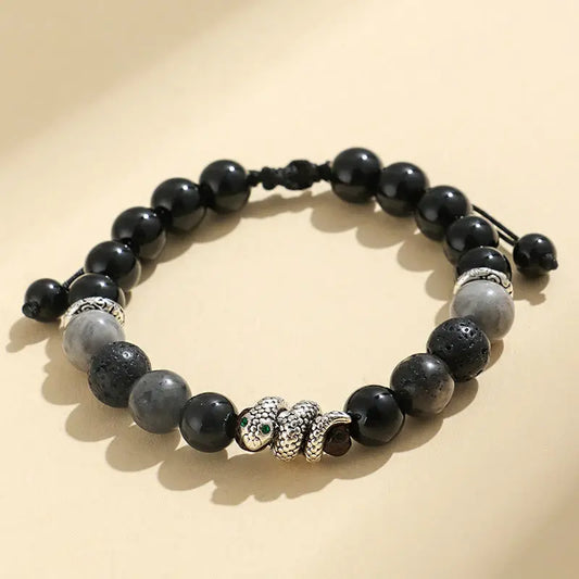 Buddha Stones Black Glitter Stone White Turquoise Black Onyx 999 Sterling Silver Year Of Snake Courage Bracelet BS