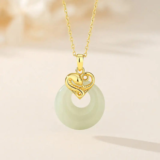 Buddha Stones 925 Sterling Silver Heart Hetian Jade Chalcedony Peace Buckle Year Of The Snake Blessing Luck Necklace Pendant BS