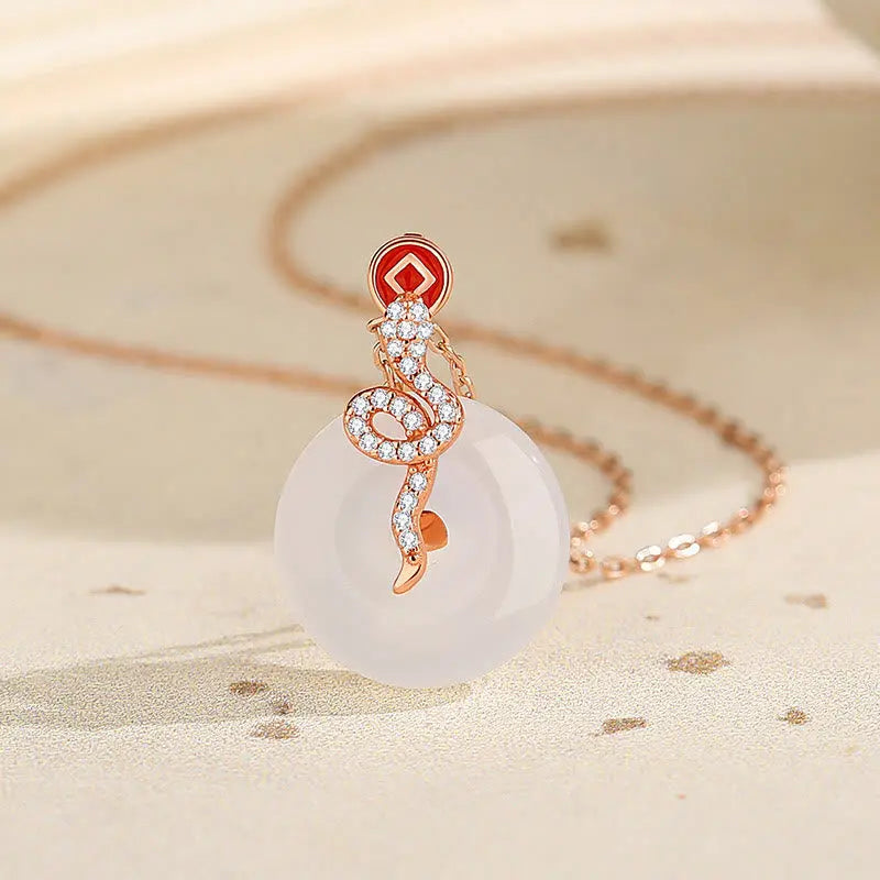 Buddha Stones 925 Sterling Silver Chalcedony Peace Buckle Year Of The Snake Luck Necklace Pendant BS