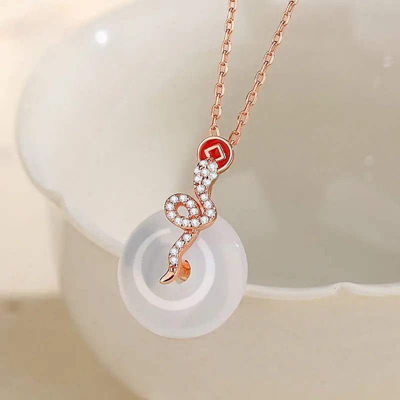 Buddha Stones 925 Sterling Silver Chalcedony Peace Buckle Year Of The Snake Luck Necklace Pendant BS