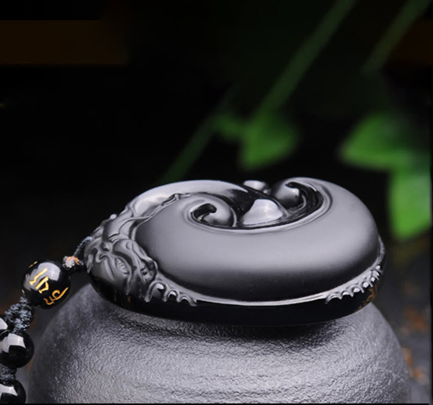 Buddha Stones Natural Black Obsidian PiXiu Oval Pattern Strength Necklace Pendant BS
