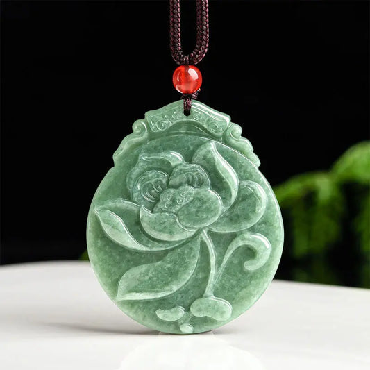 Buddha Stones Round Lotus Pattern Jade Abundance Prosperity Necklace Rope Pendant BS