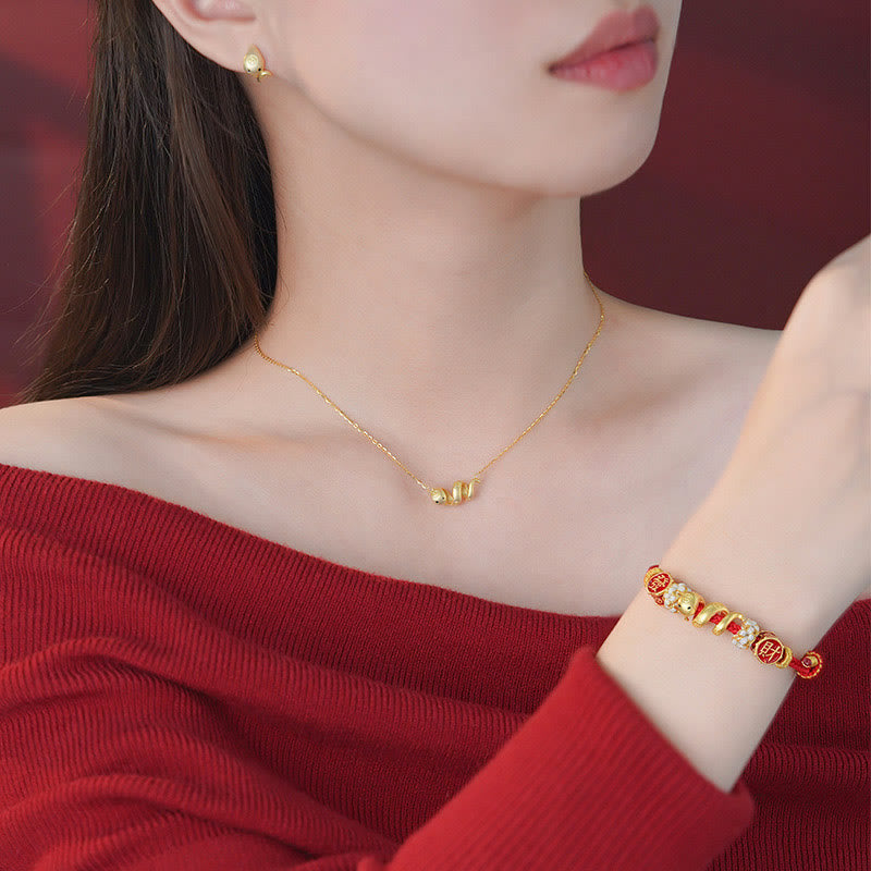Buddha Stones 925 Sterling Silver Year Of The Snake Golden Snake Luck Prosperous Bracelet Necklace Pendant BS