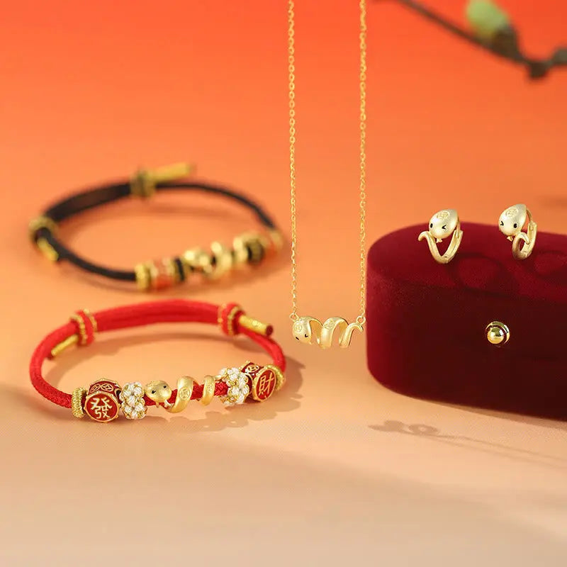 Buddha Stones 925 Sterling Silver Year Of The Snake Golden Snake Luck Prosperous Bracelet Necklace Pendant BS