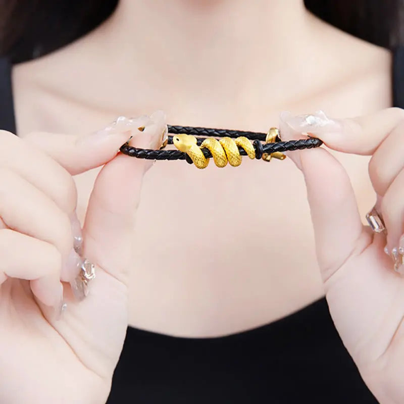 Buddha Stones 999 Gold Snake Double Buckle Leather Cord Black Rope Year Of The Snake Protection Bracelet BS