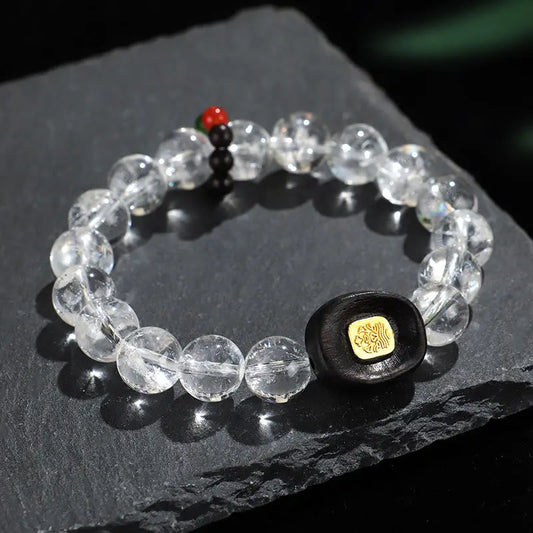 Buddha Stones White Crystal Ebony Wood Sak Yant Zashi Lhamo Healing Bracelet BS