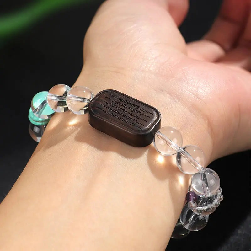 Buddha Stones White Crystal Ebony Wood Sak Yant Zashi Lhamo Healing Bracelet BS