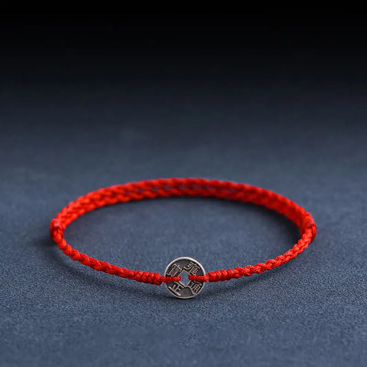 Buddha Stones 925 Sterling Silver Five Emperor Coins Red String Protection Luck Braided Bracelet Anklet BS
