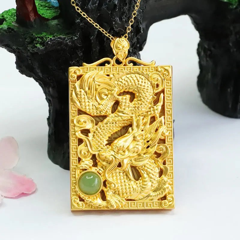 Buddha Stones Dragon Gold Plated Copper Hetian Jade Strength Necklace Pendant BS