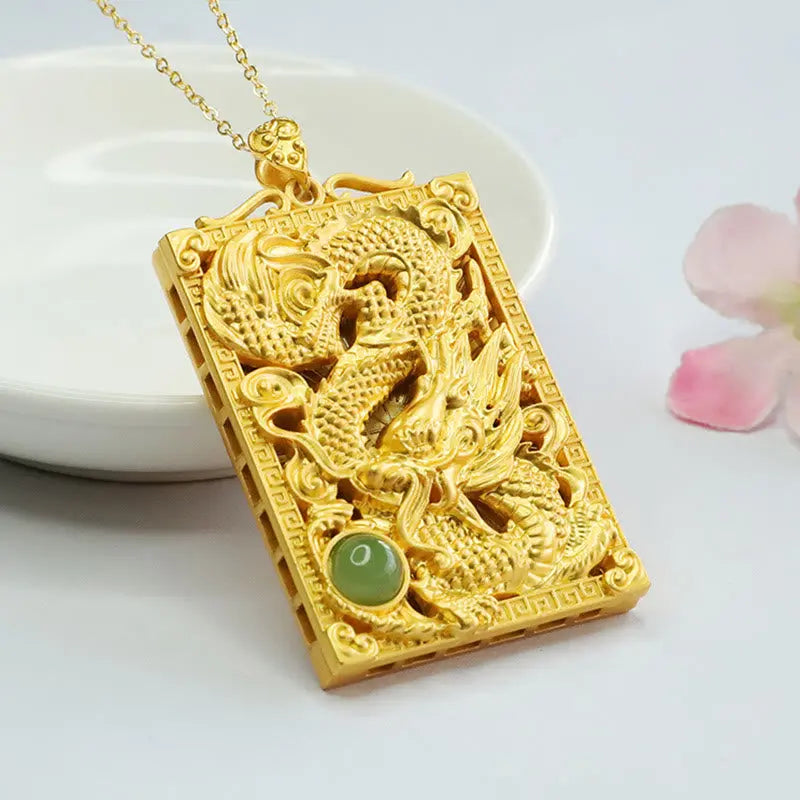 Buddha Stones Dragon Gold Plated Copper Hetian Jade Strength Necklace Pendant BS