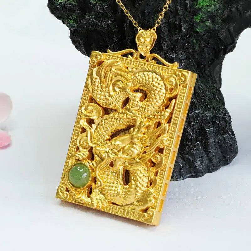 Buddha Stones Dragon Gold Plated Copper Hetian Jade Strength Necklace Pendant BS