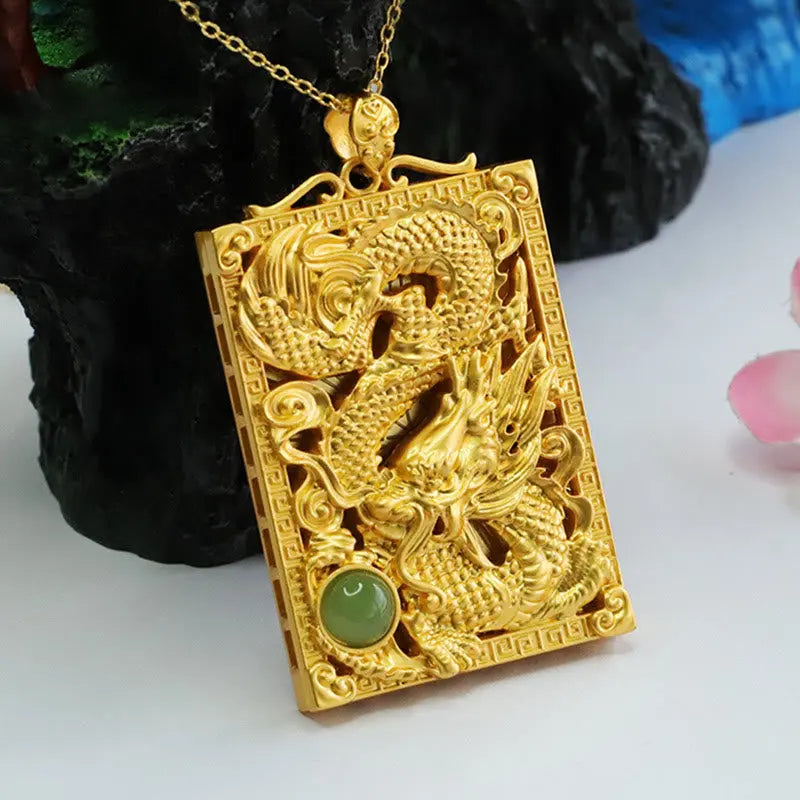 Buddha Stones Dragon Gold Plated Copper Hetian Jade Strength Necklace Pendant BS