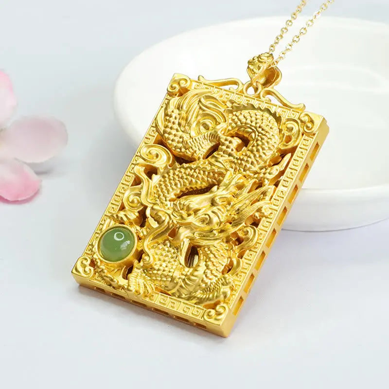 Buddha Stones Dragon Gold Plated Copper Hetian Jade Strength Necklace Pendant BS