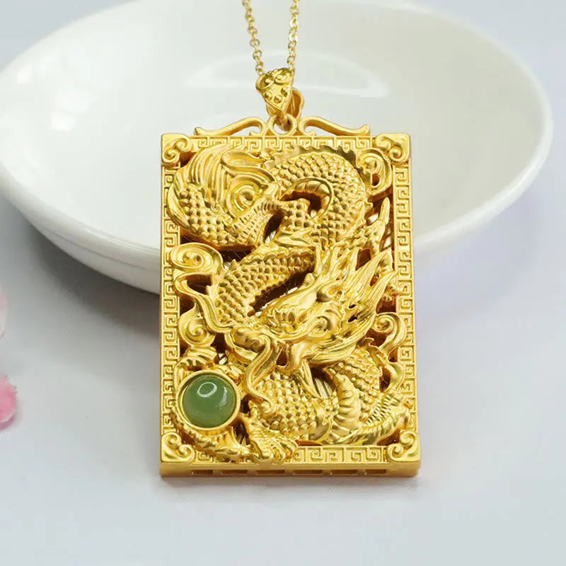 Buddha Stones Dragon Gold Plated Copper Hetian Jade Strength Necklace Pendant BS