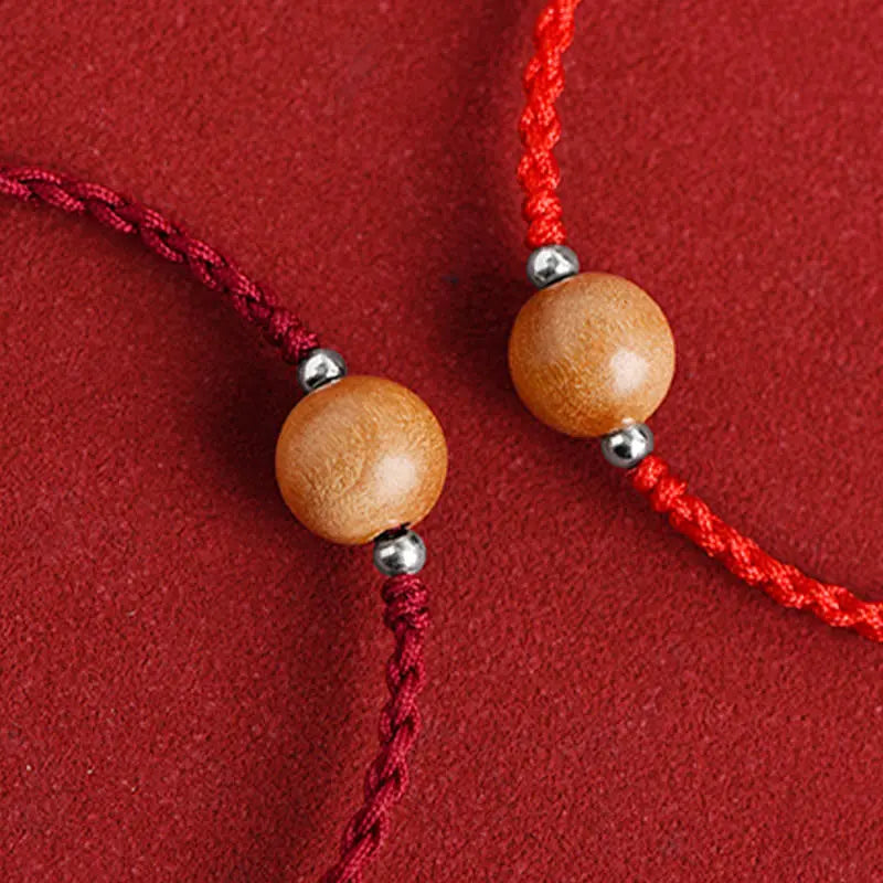 Buddha Stones Natural Peach Wood Bead Luck Braided Bracelet Anklet BS