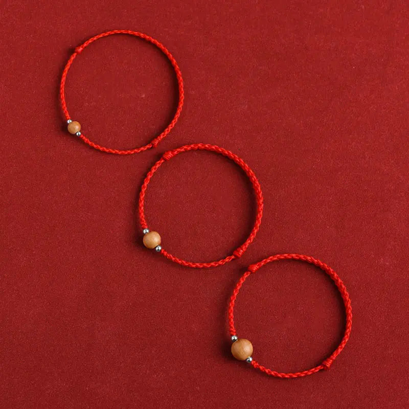 Buddha Stones Natural Peach Wood Bead Luck Braided Bracelet Anklet BS