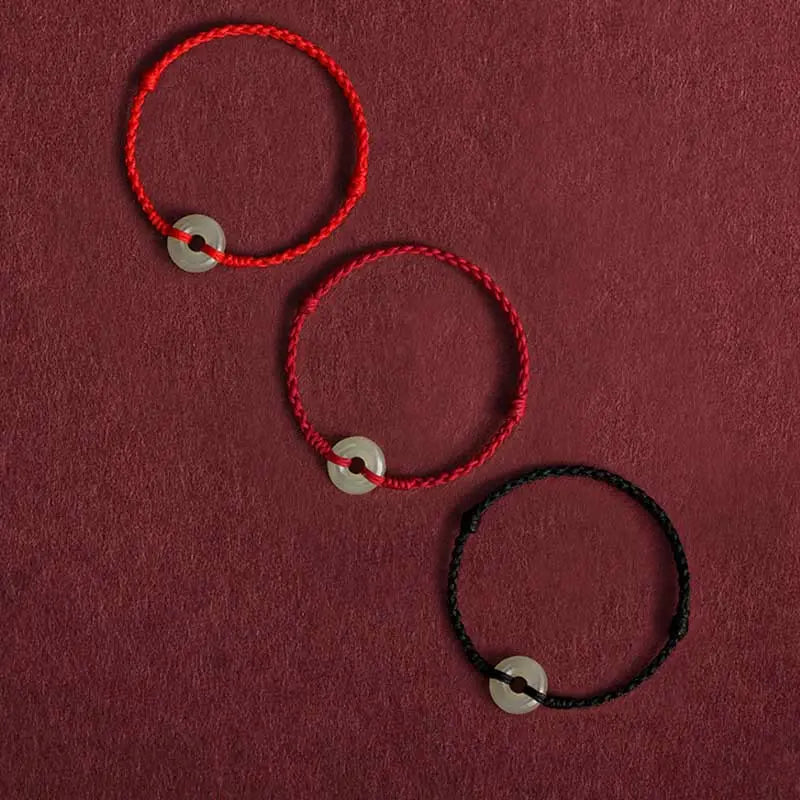 Buddha Stones Natural Hetian Jade Peace Buckle Protection Luck Braided Bracelet Anklet BS