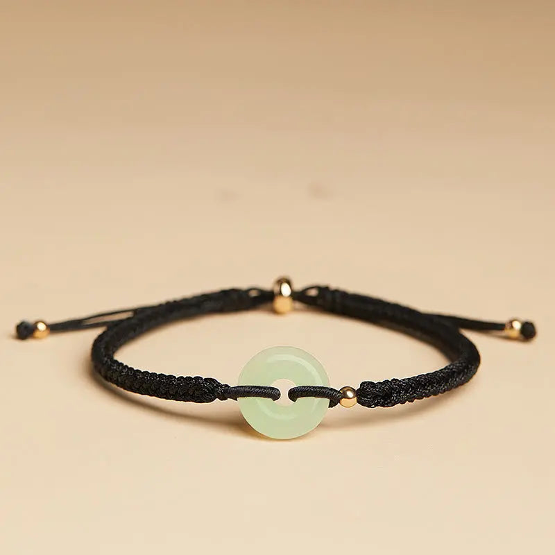 Buddha Stones Natural Hetian Jade Peace Buckle Fu Character Protection Luck Braided Bracelet BS