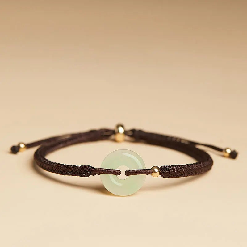Buddha Stones Natural Hetian Jade Peace Buckle Fu Character Protection Luck Braided Bracelet BS