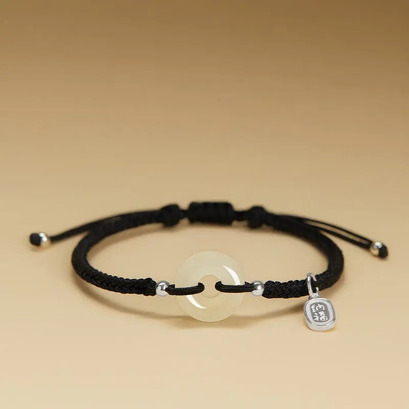 Buddha Stones Natural Hetian Jade Peace Buckle Fu Character Protection Luck Braided Bracelet BS