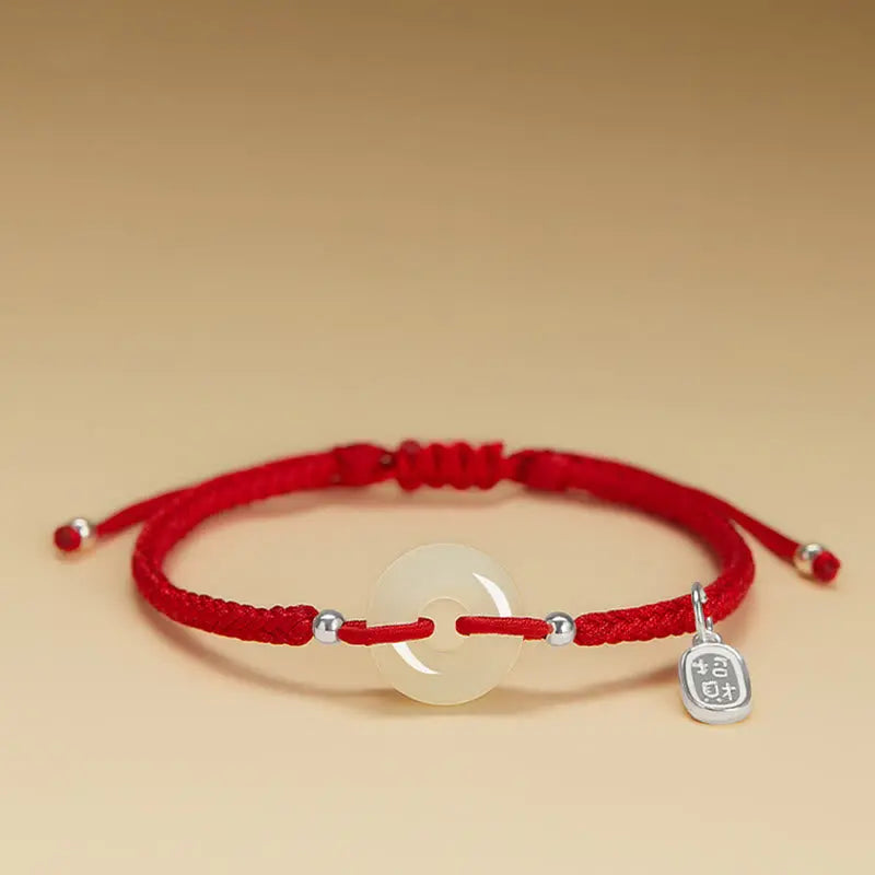 Buddha Stones Natural Hetian Jade Peace Buckle Fu Character Protection Luck Braided Bracelet BS