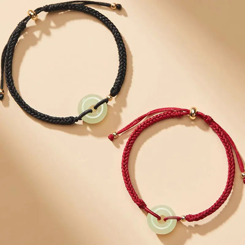 Buddha Stones Natural Hetian Jade Peace Buckle Fu Character Protection Luck Braided Bracelet BS