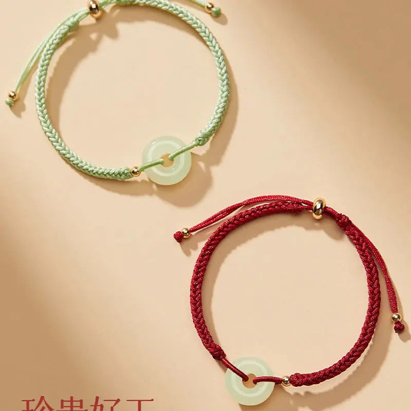 Buddha Stones Natural Hetian Jade Peace Buckle Fu Character Protection Luck Braided Bracelet BS