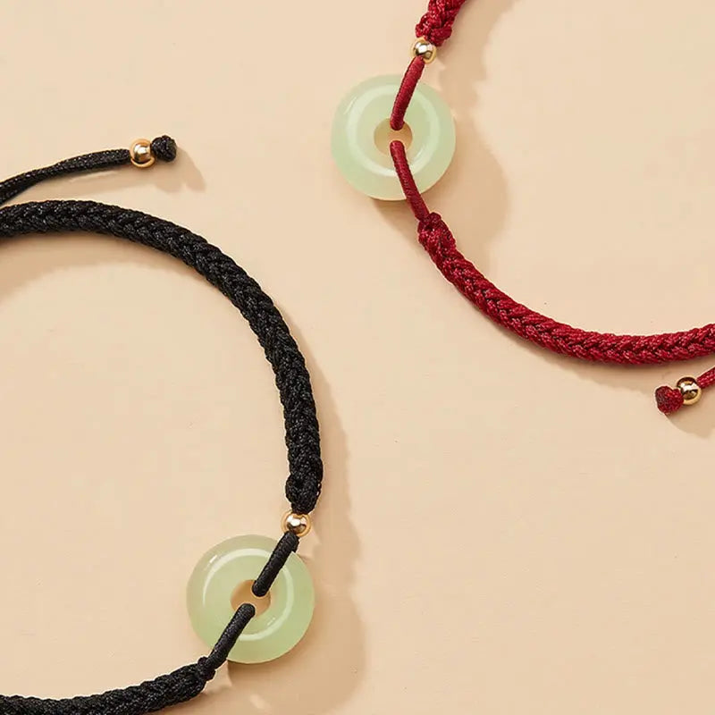Buddha Stones Natural Hetian Jade Peace Buckle Fu Character Protection Luck Braided Bracelet BS
