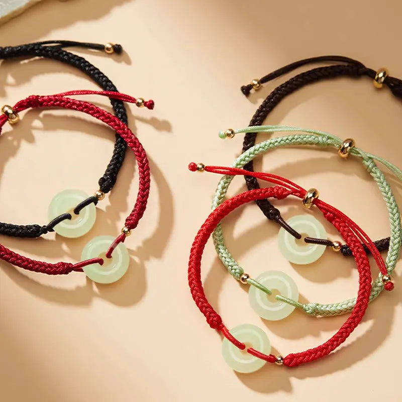 Buddha Stones Natural Hetian Jade Peace Buckle Fu Character Protection Luck Braided Bracelet BS
