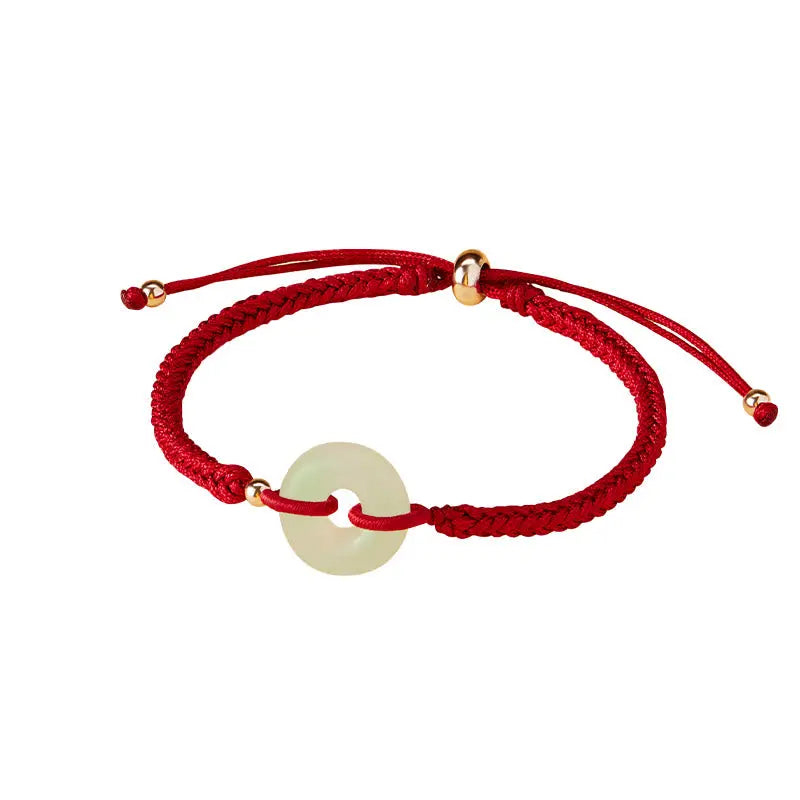 Buddha Stones Natural Hetian Jade Peace Buckle Fu Character Protection Luck Braided Bracelet BS