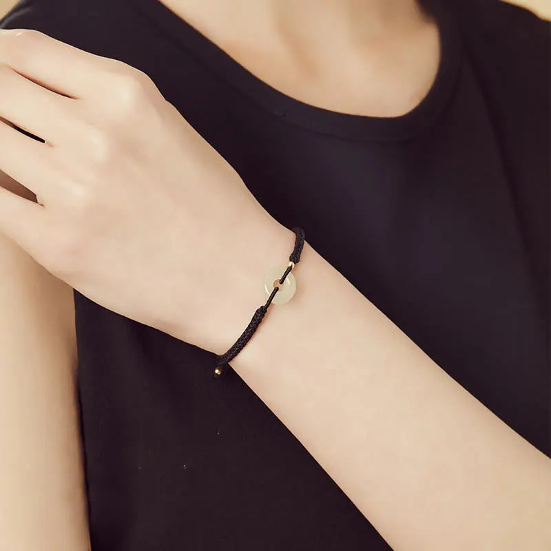Buddha Stones Natural Hetian Jade Peace Buckle Fu Character Protection Luck Braided Bracelet BS