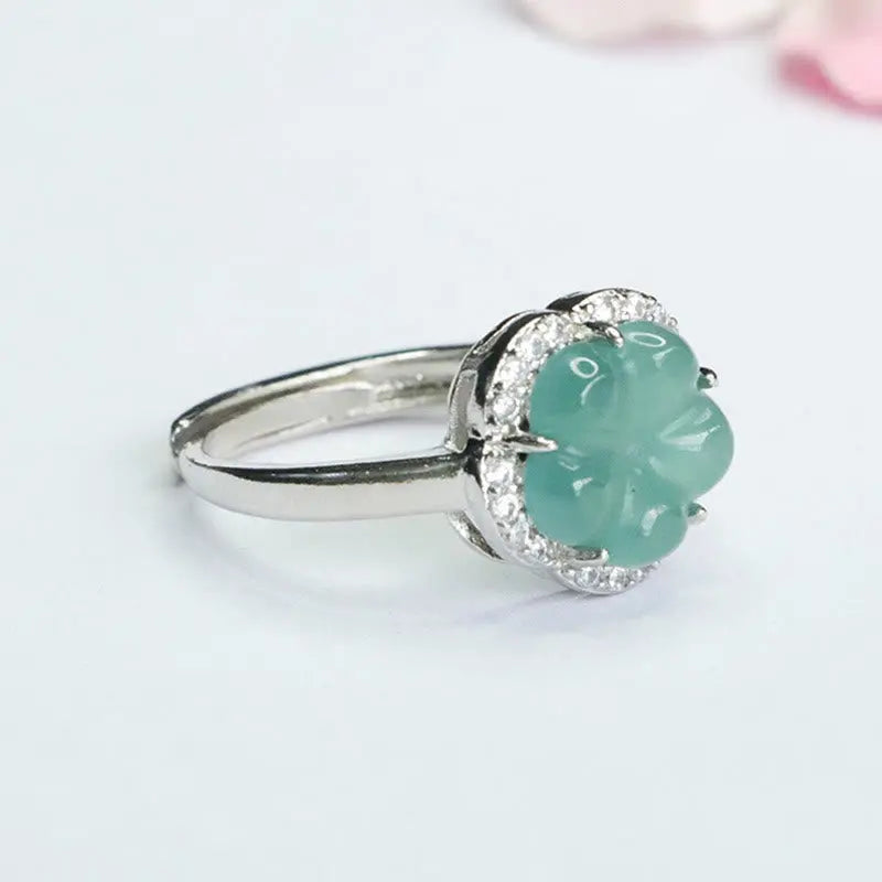 Buddha Stones Jade Alloy Flower Ring BS