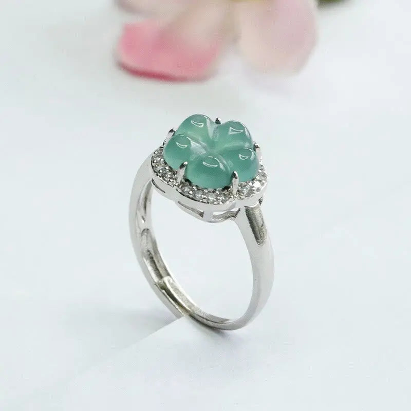 Buddha Stones Jade Alloy Flower Ring BS