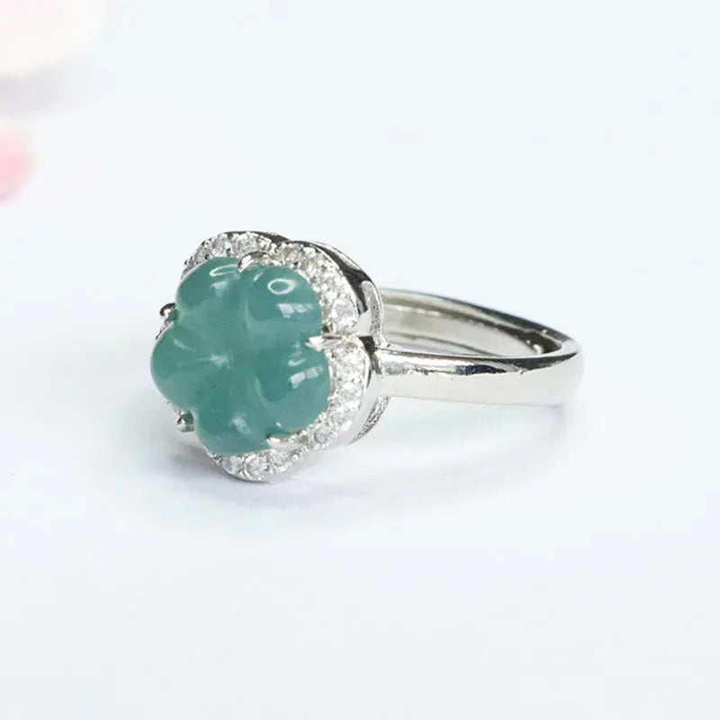 Buddha Stones Jade Alloy Flower Ring BS
