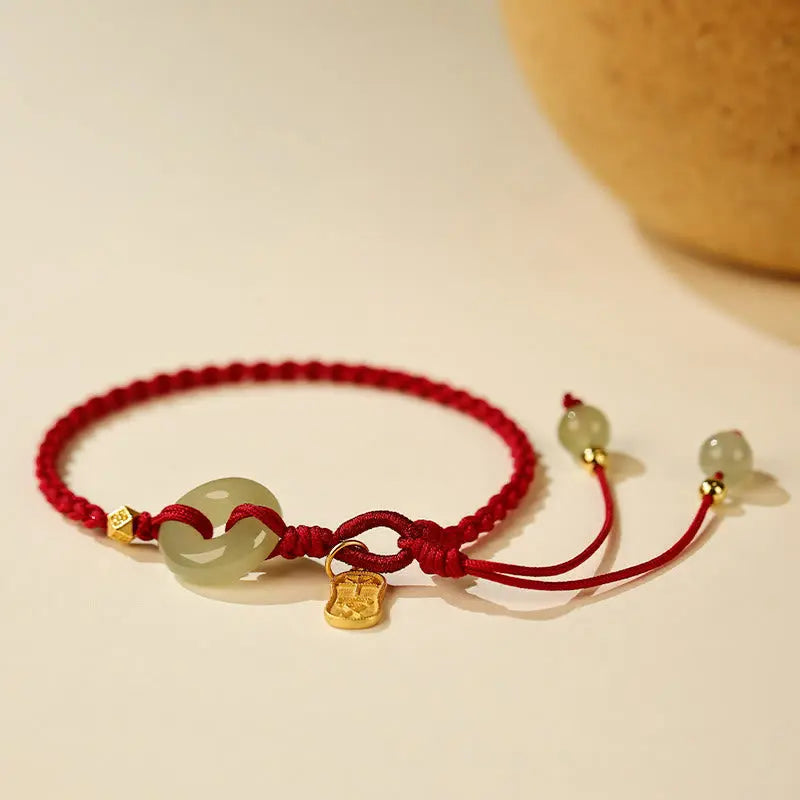 Buddha Stones Natural Hetian Jade Peace Buckle Red String Luck Braided Bracelet BS