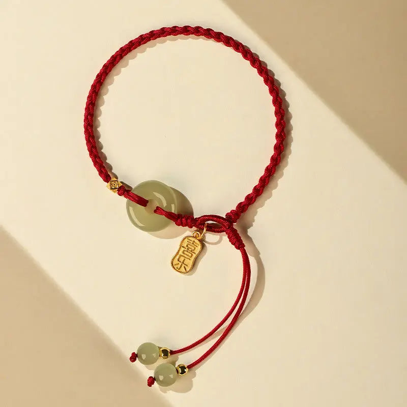 Buddha Stones Natural Hetian Jade Peace Buckle Red String Luck Braided Bracelet BS